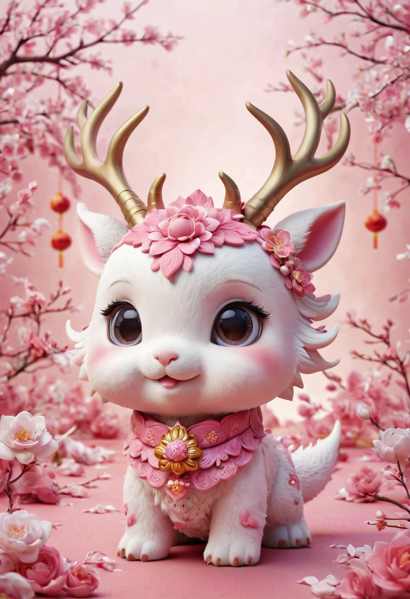 Q version,Cute little dragon,Chinese style,pink space,festive atmosphere,Spring Festival,Lovely antlers,Chinese elements,cartoon,Cute pet,Lively