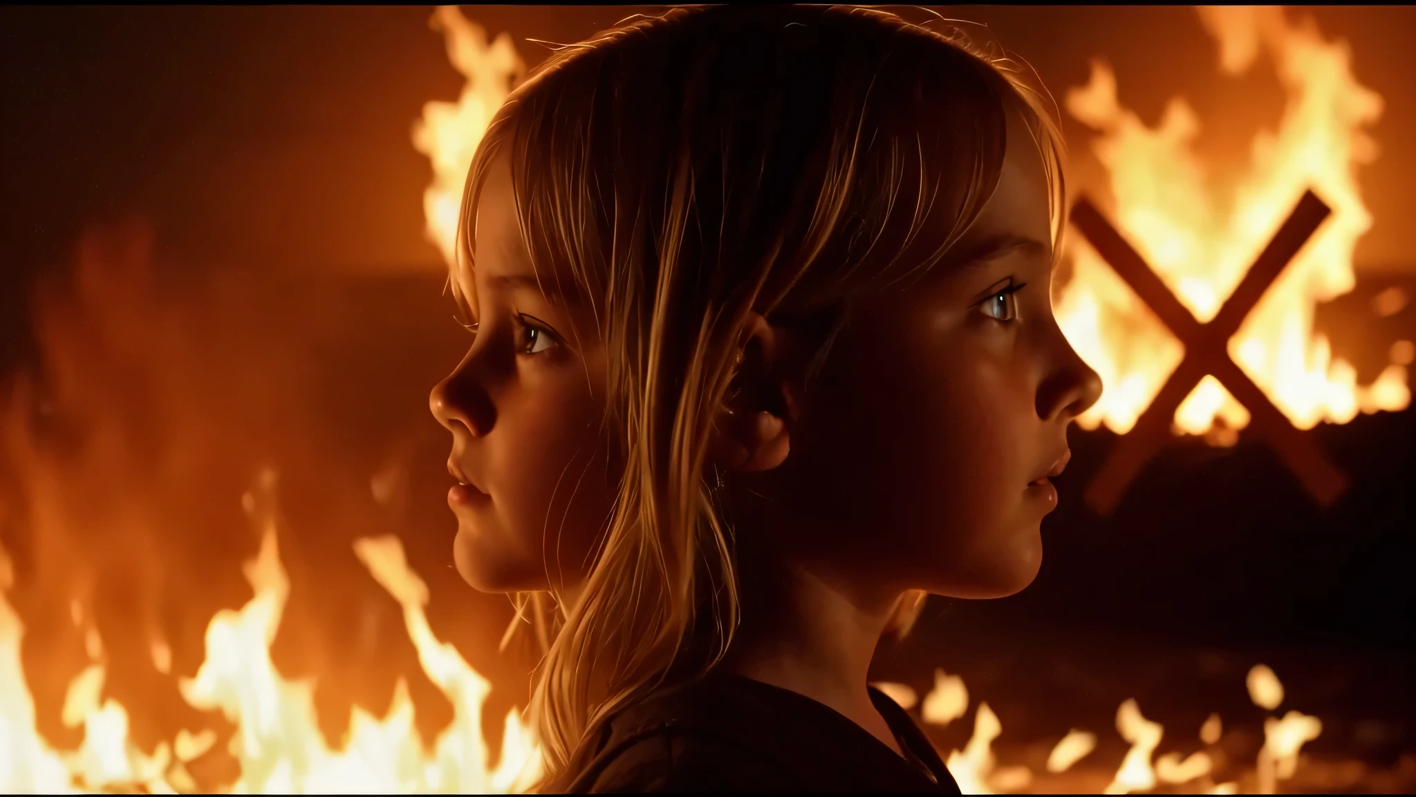 KIDS GIRL BLONDE CLOSE UP, a cross with a fire in the background, burning scene in the background, fire and brimstone, road to perdition stillframe, fire behind him, cross, cinematography roger deakins, by roger deakins, roger deakins cinematography, in roger deakins style, poster shot, standing in fire, still from a live action movie