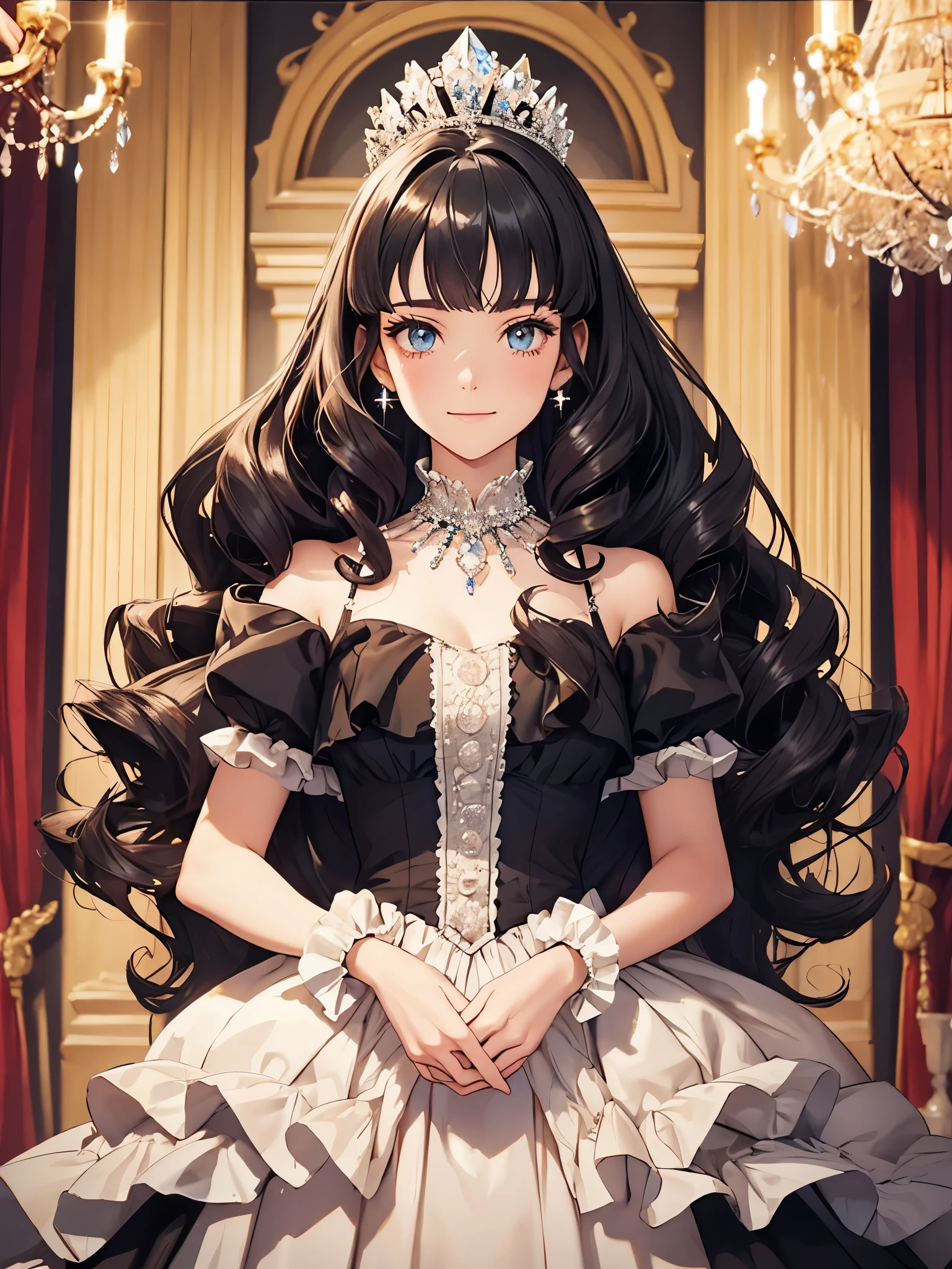 Dramatic composition, court-style dresses, royal, gorgeous, cascading frills, ruffles, bows, crystal chandeliers, Roman curly hairstyles, ponet, double ponytails like drills, look at the camera, bangs, maximalism, palatial background, delicate portrayal of hair and eyes, princess dresses, gorgeous skirts, flowers in hand, smiles, starry eyes, cinematic light, extreme detail, high definition, happy girl, very long hair, diamonds, broken diamonds, crystal fragments, light particles