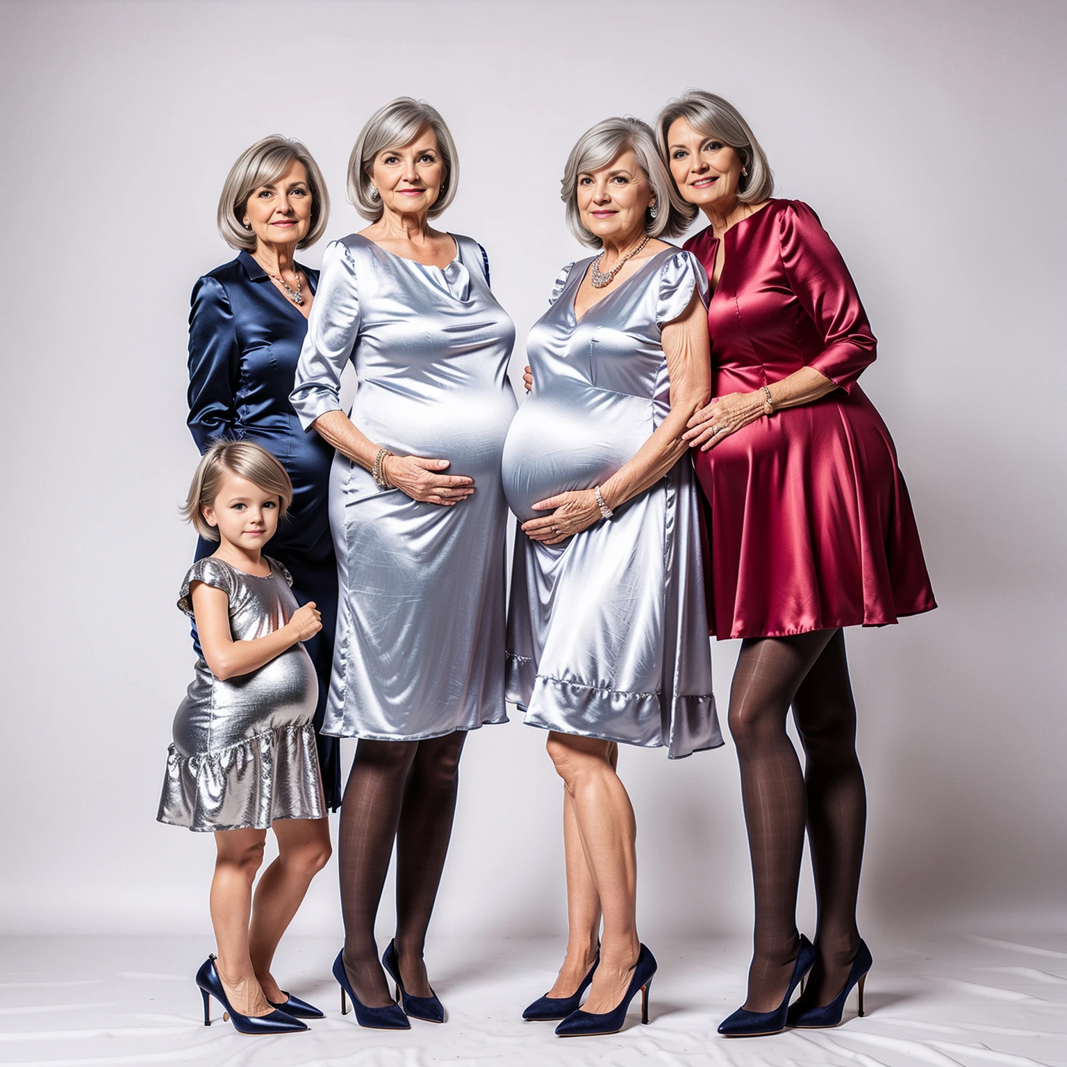 Large Family Grandma Mother Aunt Sister Pregnant Silk Dresses High Heels Pantyhose Full body Silver Hair
