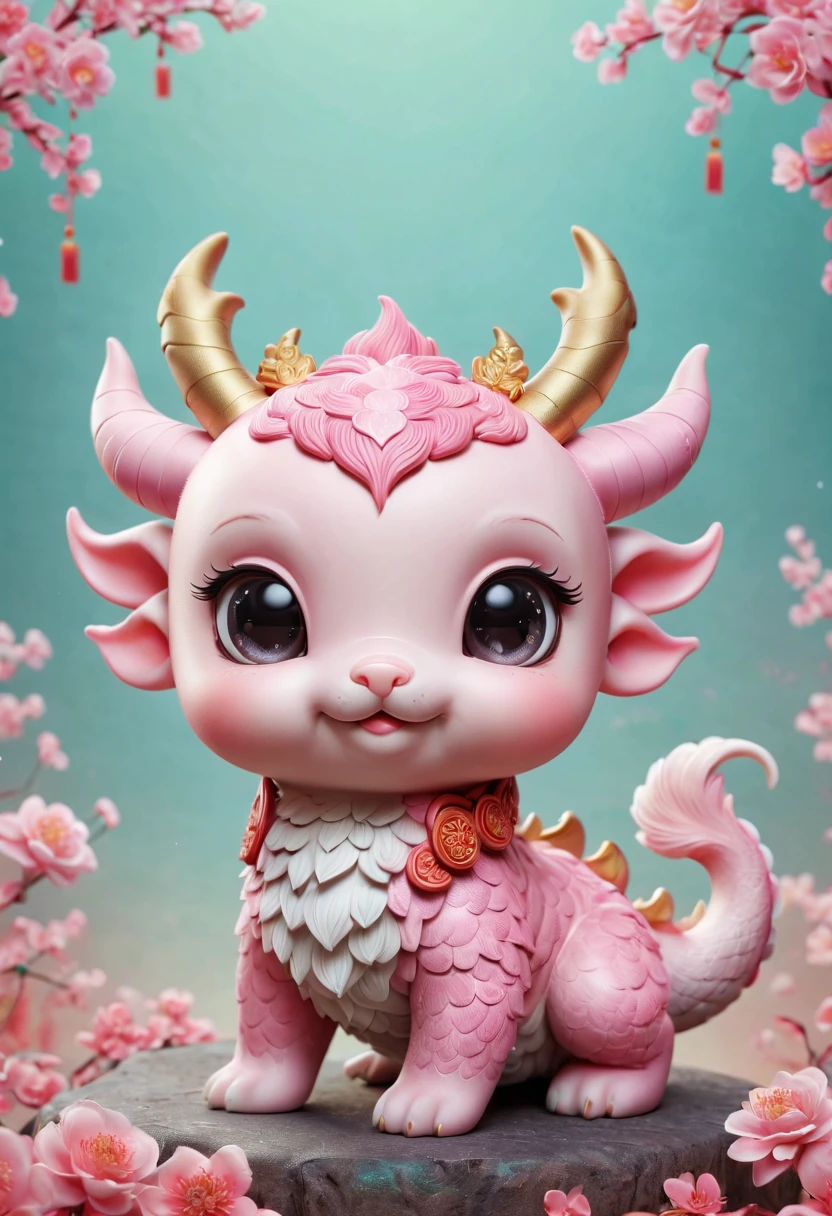 Q version，Cute little dragon，Chinese style，pink space，festive atmosphere，Spring Festival，Lovely antlers，Chinese elements，cartoon，Cute pet，Lively