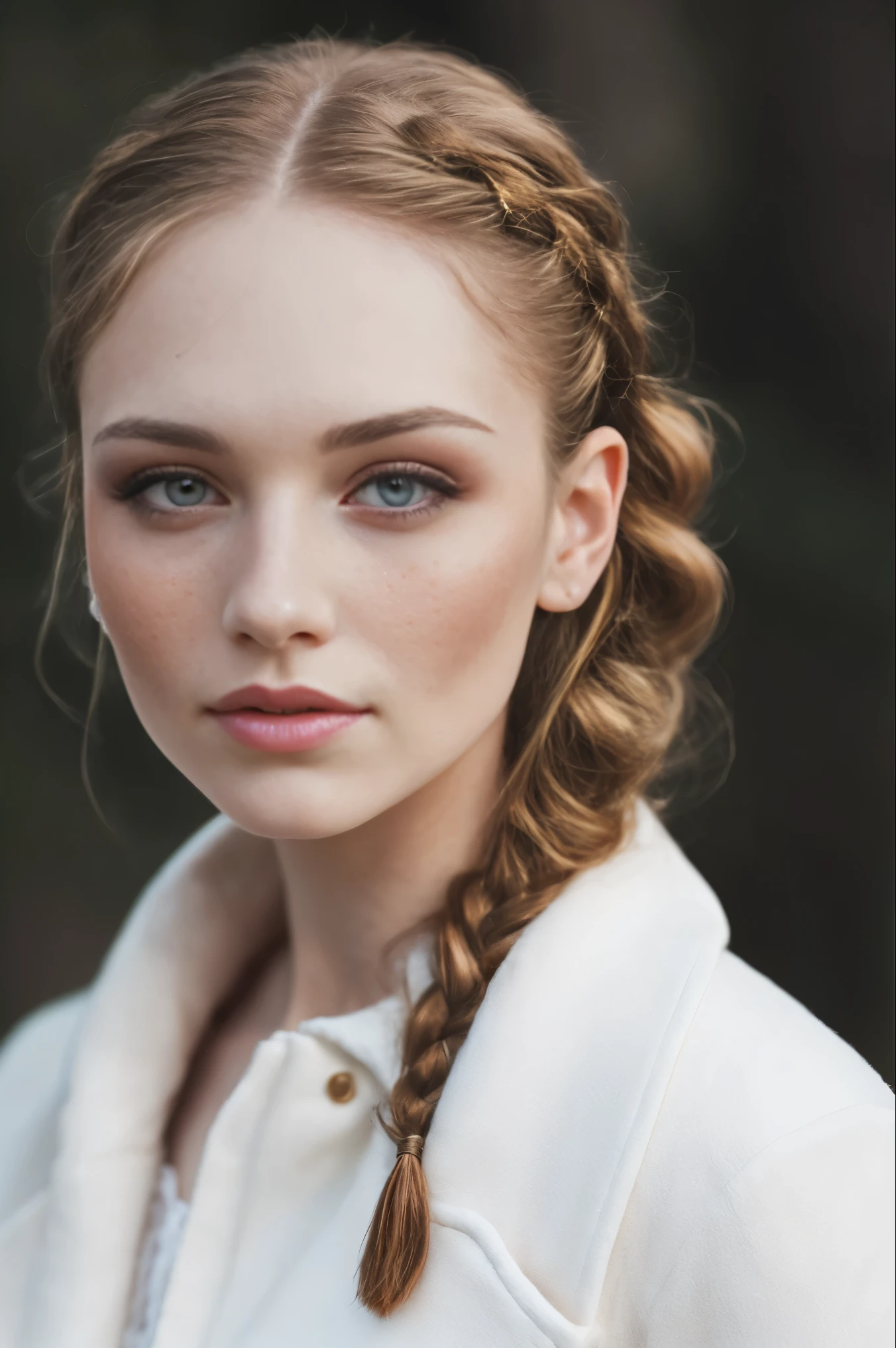 closeup portrait shot of a angelic pale woman, holy makeup,detailed freckles, with perfect braided ginger hair , (GS-Womanly:0.9),white silk coat, background consistent mood, rimlight,flashback 