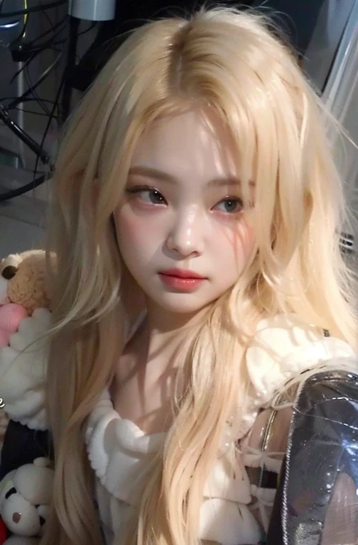 a close-up of a person with long blonde hair and a teddy bear, parque roseanne de blackpink, Ulzzang, cabelo loiro muito claro, pale round face, cabelo loiro extremamente claro, her hair is white, coreana, jossi do blackpink, longos cabelos loiros e olhos grandes, uma garota com cabelo loiro, pale porcelain white skin, pale and glowing skin