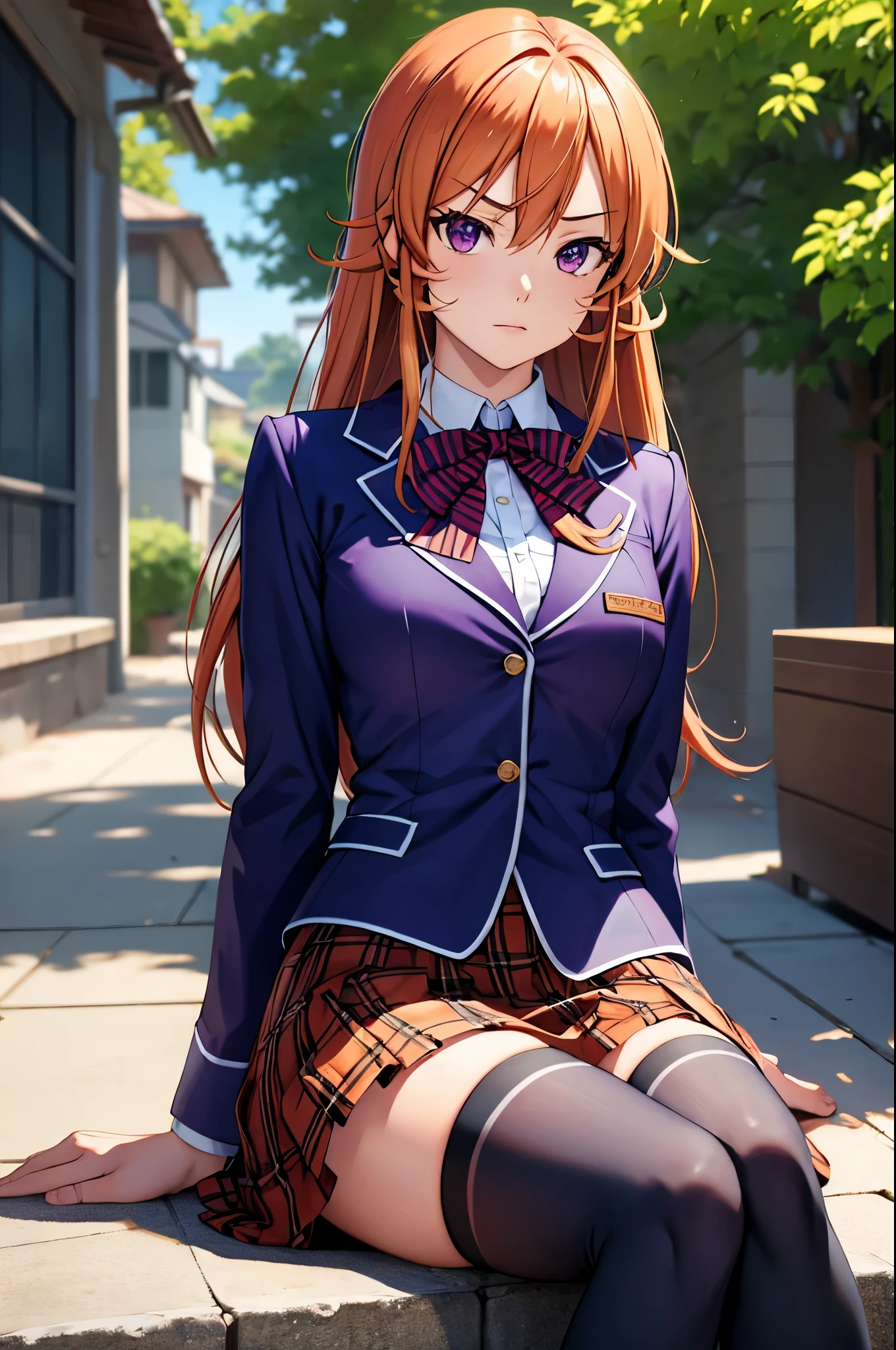 (masterpiece), best quality, expressive eyes, perfect face, highres, 1 girl, solo, erina nakiri, long hair, orange hair, (purple eyes:1.1), hair between eyes,skirt, thighhighs, bow, school uniform, jacket, pleated skirt, shoes, black thighhighs, zettai ryouiki, plaid, plaid skirt, blazer, outdoor backdground, crossed legs, sitting, portrait, looking at the viewer