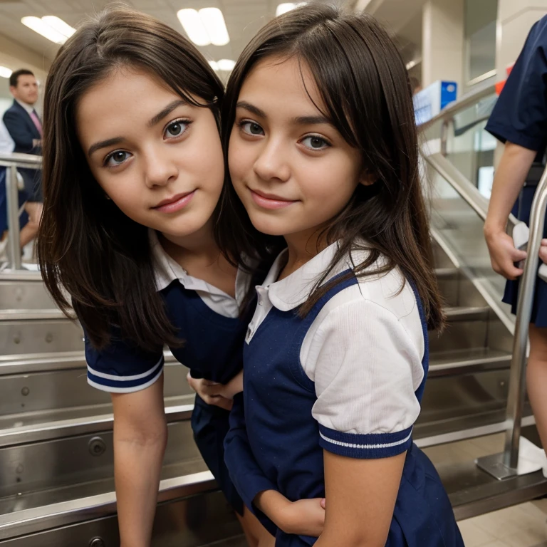 Short brunette girl blue eyes wearing school uniform, subiendo escaleras falda corta, Small, 10 year old girl, hermosa, cuerpo completo, subiendo escaleras, de la mano junto a su madre, 13-year-old female, atractiva, sexy,, de espaldas, agachada, en el aeropuerto con aviones