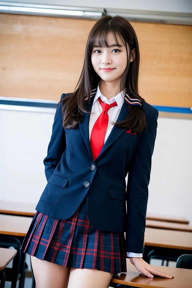 Girl Standing In School Classroom,Red Tie Uniform,Dark Blue Closed Blazer,Blue plaid skirt,18-year-old,bangs,a little smile,thighs,knees,from below