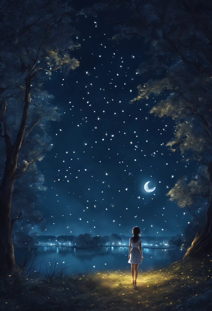 Countless fireflies fly around the night, different world, fantastic world, blue moonlit night, highest image quality.