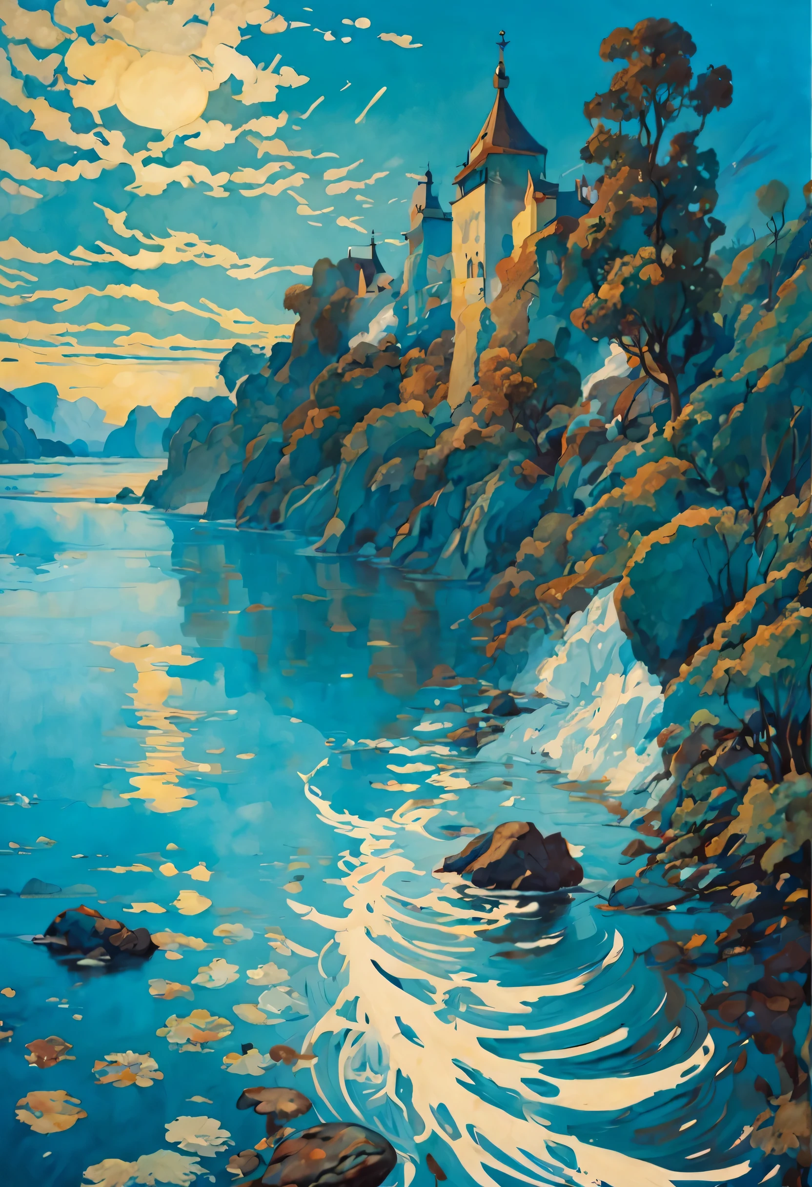 Alphonse Mucha'Atmospheric landscape of beautiful water and blue sky