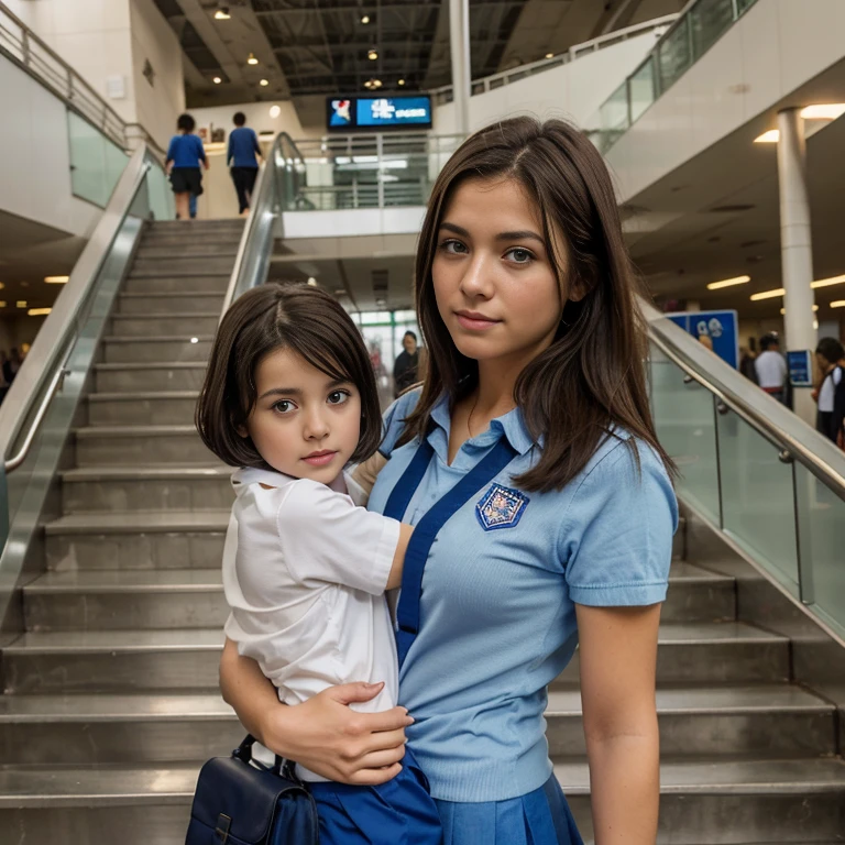Short brunette girl blue eyes wearing school uniform, subiendo escaleras falda corta, Small, 10 year old girl, hermosa, cuerpo completo, subiendo escaleras, de la mano junto a su madre, 13-year-old female, atractiva, sexy,, de espaldas, agachada, en el aeropuerto con aviones