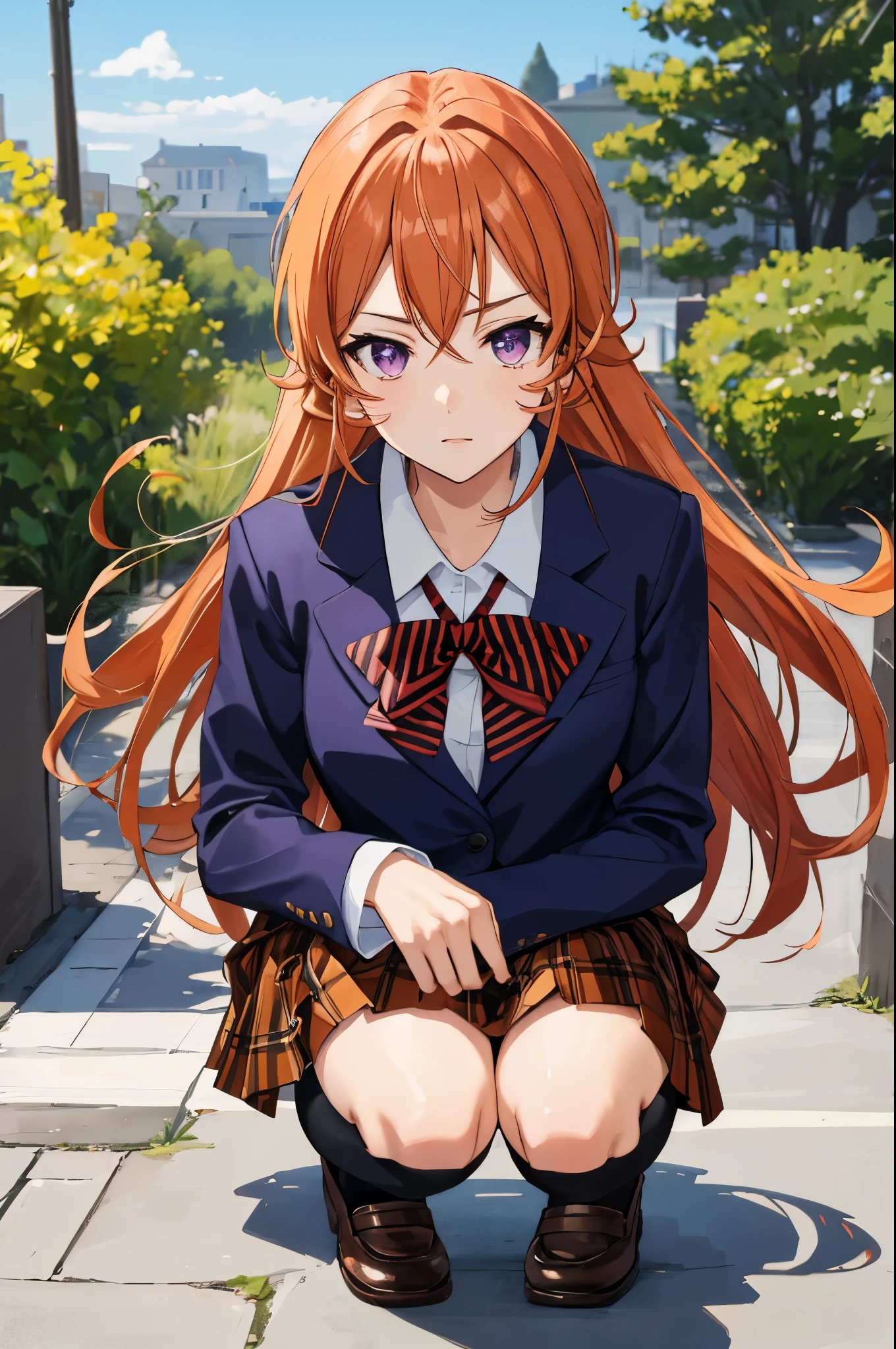 (masterpiece), best quality, expressive eyes, perfect face, highres, 1 girl, solo, erina nakiri, long hair, orange hair, (purple eyes:1.1), hair between eyes,skirt, thighhighs, bow, school uniform, jacket, pleated skirt, shoes, black thighhighs, zettai ryouiki, plaid, plaid skirt, blazer, outdoor backdground, squatting, portrait, looking at the viewer, from frontal