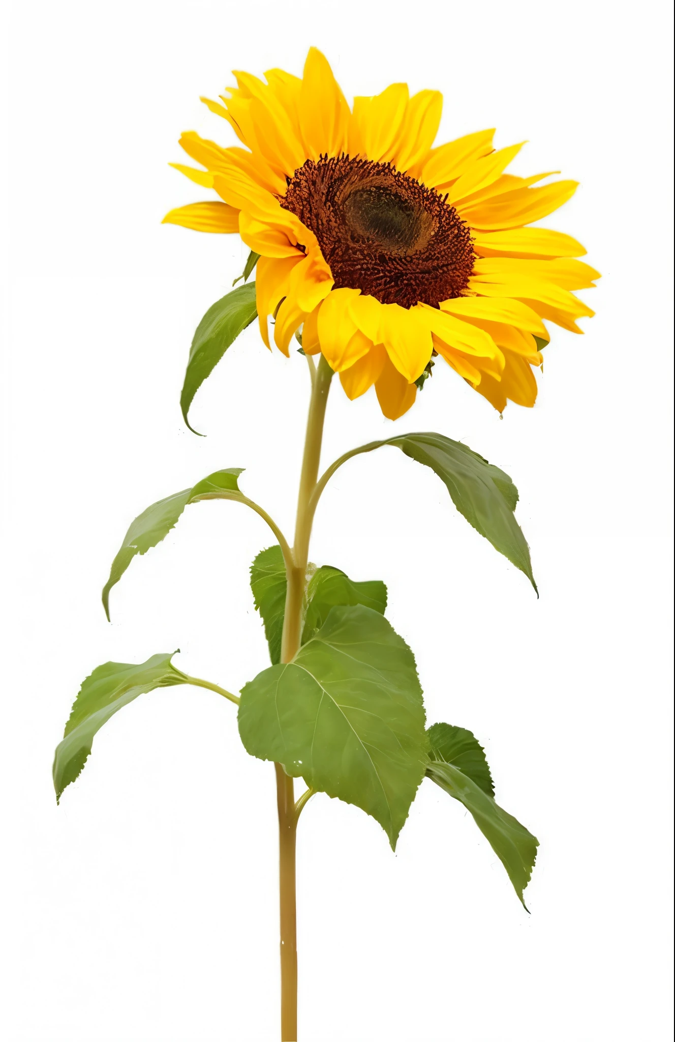 there is a yellow girasol with green leaves on a stem, girasol, Flores de Helianthus, colores : yellow girasols, colores: yellow girasols, girasols, El sol brilla, preciso y detallado, hermosa imagen, girasol background, foto descubierta, a photograph, Caminando hacia abajo, por Yasushi Sugiyama, Sol que brilla, por Maki Haku, por Nishida Shun'ei