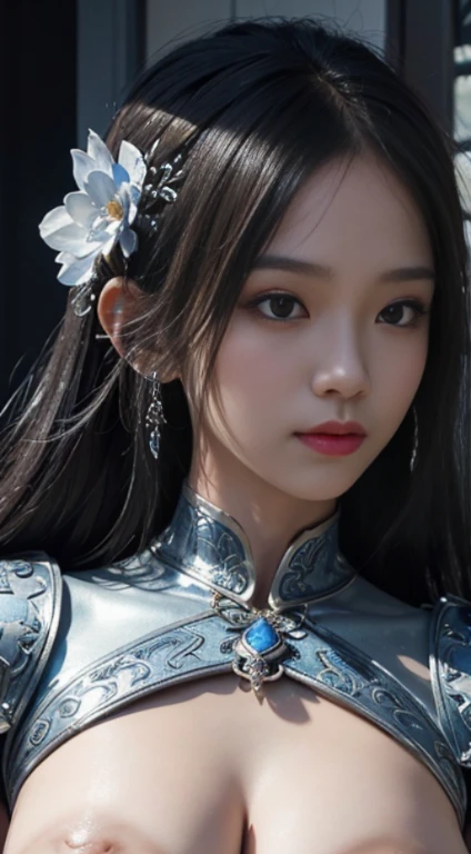 Close up portrait of woman in silver and blue dress, Chenwei Pan On Art Station, by Jan J., detailed fantasy art, great character art, fan art best art station, magnificent exquisite character art, beautiful armor, highly detailed art germ, detailed digital anime art, ArtStation Pixiv の Artgerm, armor girl,((nsfw)),(((nipples)))