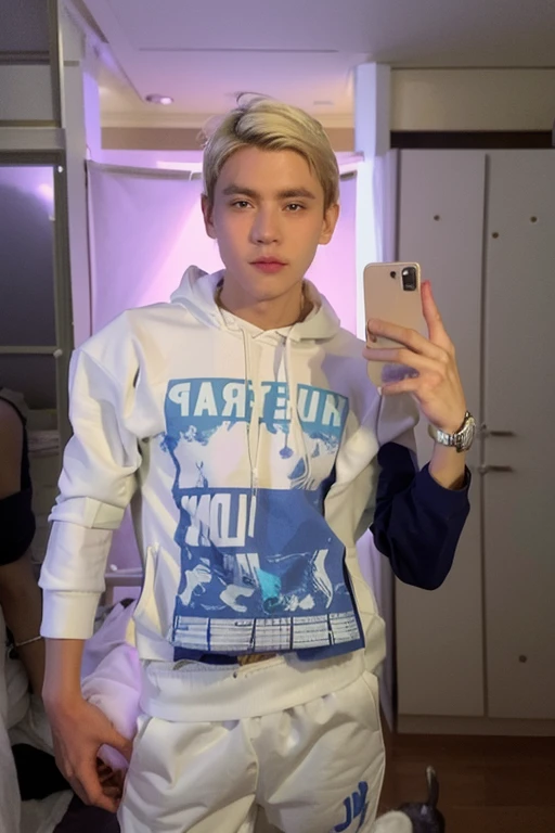 A solo boy, a boy wear a white stylish hoodie with white jeans, cool hair style, best hair, change hair style, change background in five star hotel bedroom, skin color matching with real photo, realistic look, 8k quality, change background in bedroom,