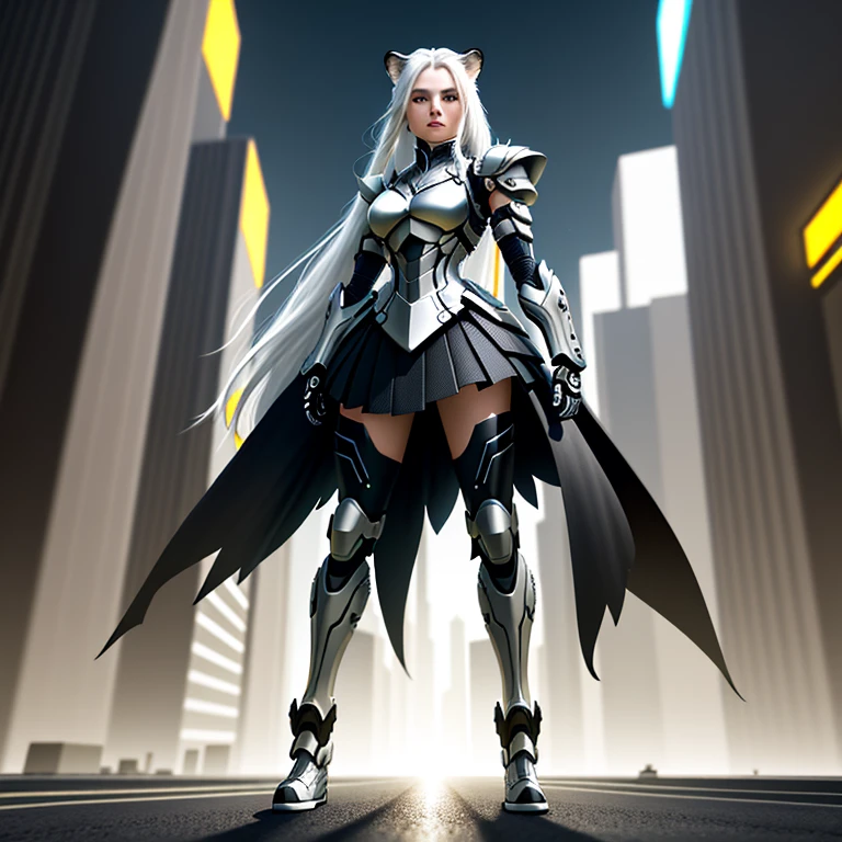 Masterpiece, Best Quality, Detailed Depiction, Female Characters, Long White Hair, Tiger Head Elements: 1.1, Black and White Combined 2:1, Metal Exoskeleton (1.3), Ceramic Body Cuirass: 1.5, Breathing Light Pattern, (Midi Skirt Armor: 1.1), Perfect Lines: 1.3, Black and White Cyberpunk Style Armor, Sci-Fi City Background, Night, Dynamic Posture, Positive and Decisive Expressions, Realism, Surrealism: 2, Ray Tracing, Depth of Field, cinematic lighting, image fill, character chart, vanishing point, perspective, wide shot, UHD, retina, masterpiece, ccurate, high quality, highres, award winning, best quality, 1080P, HD, 4K , 8k, 16k