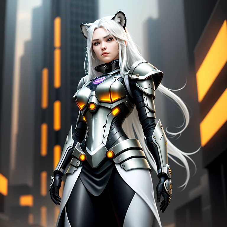 Masterpiece, Best Quality, Detailed Depiction, Female Characters, Long White Hair, Tiger Head Elements: 1.1, Black and White Combined 2:1, Metal Exoskeleton (1.3), Ceramic Body Cuirass: 1.5, Breathing Light Pattern, (Midi Skirt Armor: 1.1), Perfect Lines: 1.3, Black and White Cyberpunk Style Armor, Sci-Fi City Background, Night, Dynamic Posture, Positive and Decisive Expressions, Realism, Surrealism: 2, Ray Tracing, Depth of Field, cinematic lighting, image fill, character chart, vanishing point, perspective, wide shot, UHD, retina, masterpiece, ccurate, high quality, highres, award winning, best quality, 1080P, HD, 4K , 8k, 16k