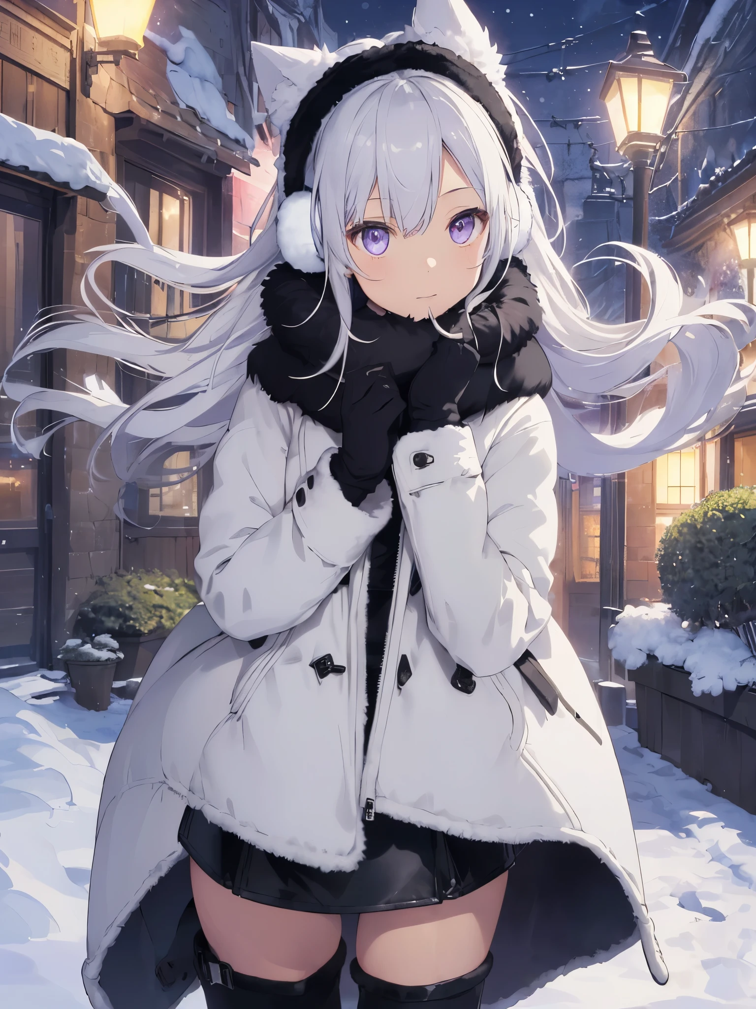 (masterpiece、highest quality、enlightenment、very high quality、High level image quality、Extremely sensitive writing)Girl with long silver hair standing in beautiful flowery garden、slight smile、hair blowing in the wind、night scenery、secret garden、Light purple eyes、BREAK (wearing a black coat over a white tank top:1.3), (open coat:1.3), (tight leather black mini skirt:1.3), (floating scarf:1.2), (Nordic patterned winter scarf:1.3), ((Covers both ears with fluffy white fur, fluffy Earmuff):1.3), (heeled boots:1.2),(((((Very long coat that goes down to the knees in the middle of winter)))))、(((Cat ear)))
