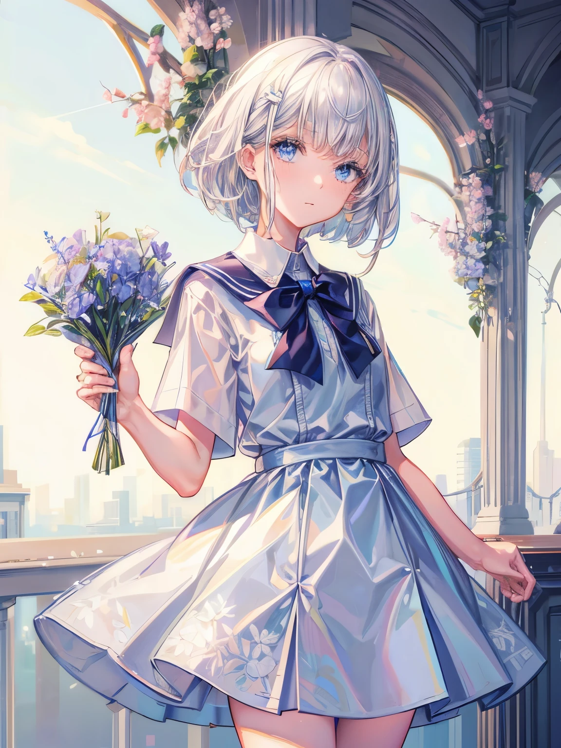 1 girl，(white) short hair，blue eyes，school uniforms，(thin and small)，flowers