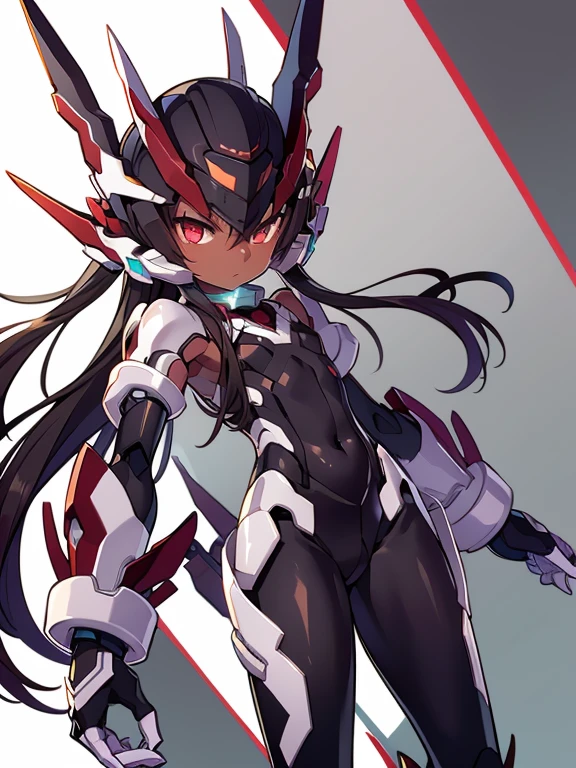 Masterpiece, best quality, highres, amazing quality, superior quality, flat chested, (male), (8 year old boy), (shota), (Dark skin), cute, red eyes, very long dark brown hair, black headgear, black fullbodysuit, black gauntlets, black powersuit, white mecha thigh armoured attachment, black leggings, close up, mecha waist armour, 