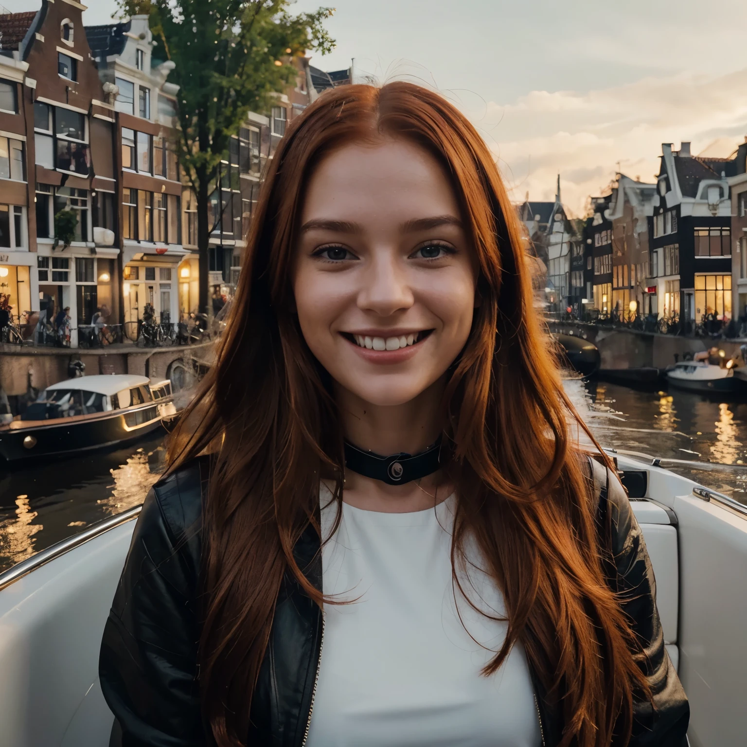 A radiant smile lights up the face of the AI ​​influencer with long red hair. Ultra high definition images of our AI digital influencer smiling while interacting with friends on a boat in Amsterdam