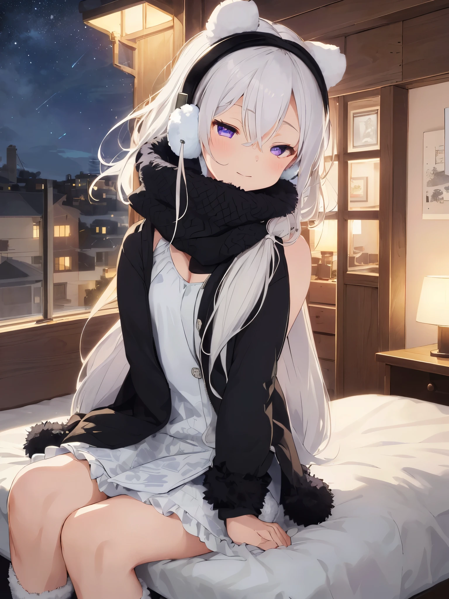 (masterpiece、highest quality、enlightenment、very high quality、High level image quality、Extremely sensitive writing)Girl with long silver hair standing in beautiful flowery garden、slight smile、She has a large bouquet、knee high socks、Cute national costume style dress with ruffles on the shoulders、hair blowing in the wind、night scenery、secret garden、highest quality、masterpiece、High resolution、very detailed、8K、(((one girl)))、cute、bob hair、long sideburns、anime、Transparent white skin、((Hair color is white))、eyes purple、((Yellow arabesque pattern winter pajamas))、((midnight))、Sleepy look、lie down、((((Sleep on your side)))),((((bedroom at night))))、clock、Detailed bedroom、Fished out eyes、Inappropriate smile、((clock))、night scene、(((whole body)))、((((rubbing your eyes with your hands))))、Light purple eyes、Bouquet of roses、(((girl sitting)))、BREAK (wearing a black coat over a white tank top:1.3), (open coat:1.3), (tight leather black mini skirt:1.3), (floating scarf:1.2), (Nordic patterned winter scarf:1.3), ((Covers both ears with fluffy white fur, fluffy Earmuff):1.3), (heeled boots:1.2),