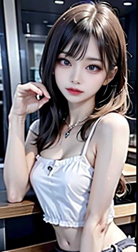 ulzzang -6500-v1.1, (Raw foto:1.2), (Photorealsitic:1.4), a beautiful detailed girl, extremely detailed eye and face, beatiful detailed eyes, hight resolution, ighly detailed, top-quality, [​masterpiece:1.6], [Bunny Girl Costume、a playboy bunny:1.9], finely detail,Cinematographic lighting, 1girl in、17 age、perfect body type、[no brassiere]、[I-Cup、ultra gigantic tits:1.7]、Sweating and getting wet、[sexual excitement、embarassed face:1.4]、(hand inside panties)、Bar counter background、The whole body is shown