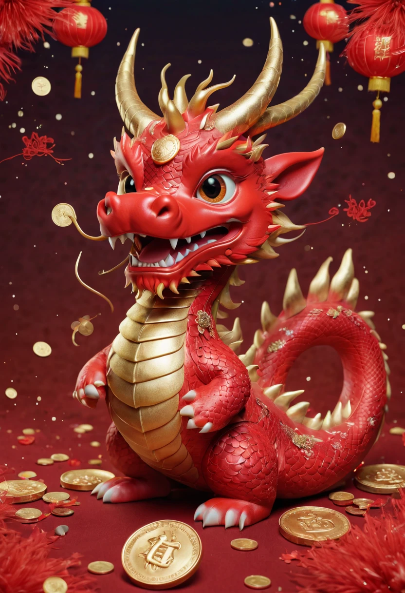 Chinese dragon，Q version，Cute little dragon，Red space，festive atmosphere，CNY，gold coins，Chinese elements，Cartoon，Cute pet，Lively，fireworks，Lovely antlers，Chinese dragon