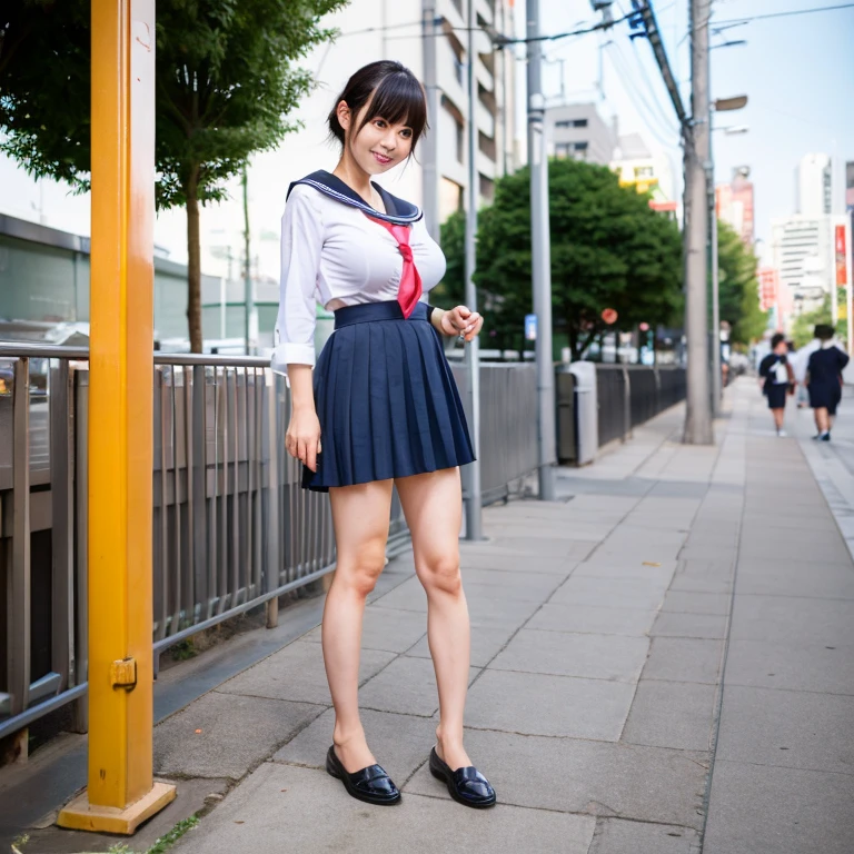 45 year old beautiful Japanese woman。half-naked in a sailor suit。Pleated skirt that shows the crotch。Full body with big breasts and pubic hair exposed。Her panties are sliding down her legs.。The background is a city sidewalk。