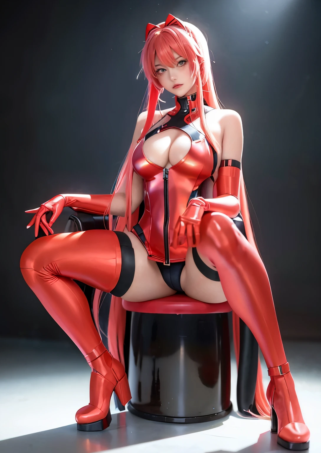 Anime girl sitting on stool,legs crossed, asuka suit under clothes!, thicc, leeloo outfit, the cute sexy ass, looking like annie leonhart, badass posture, commission for high resolution, oc commission, most strongest pose, beautiful anime girl crouching, SFW version, Also, full body zenkai! asuka suit, seductive anime girls