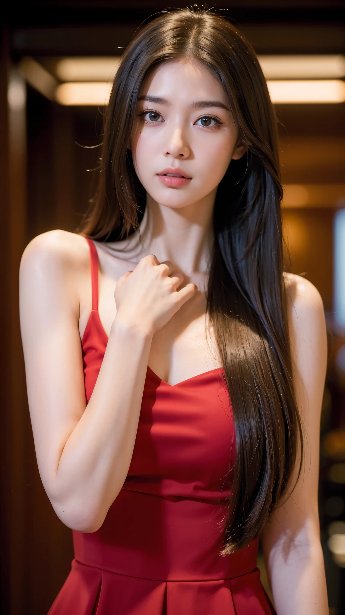 (8k, raw photo, best quality, masterpiece: 1.2), (realistic, realistic: 1.37), a girl, cute, super long brown hair, straight hair, whole body, red dress, hotel, modern, physically based rendering, high quality photo, high resolution, 1080p, (clear face), (detailed face description), (detailed hand description), (exquisite CG), (fine facial features), (masterpiece), (the highest quality photo), (detailed eyes)