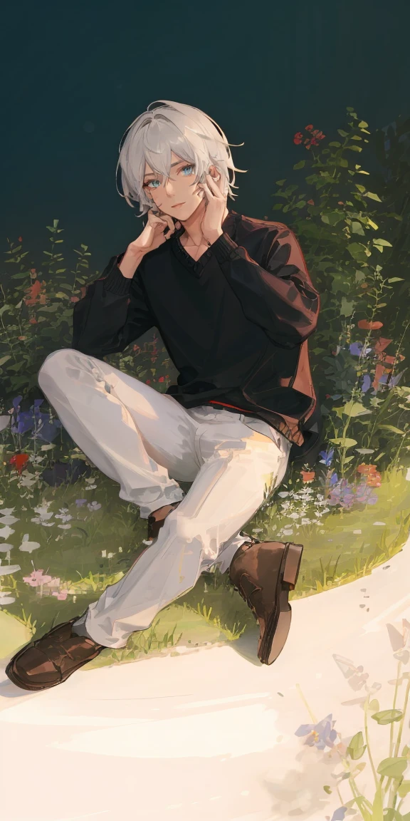 (masterpiece, best quality), 1 man with short white hair sitting in a field of green plants and flowers, his hand under his chin, warm lighting, white clothes, white pants, blurry foreground