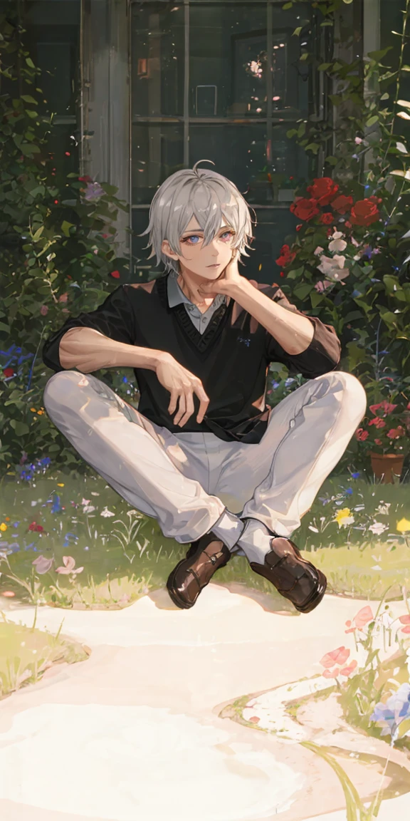 (masterpiece, best quality), 1 man with short white hair sitting in a field of green plants and flowers, his hand under his chin, warm lighting, white clothes, white pants, blurry foreground