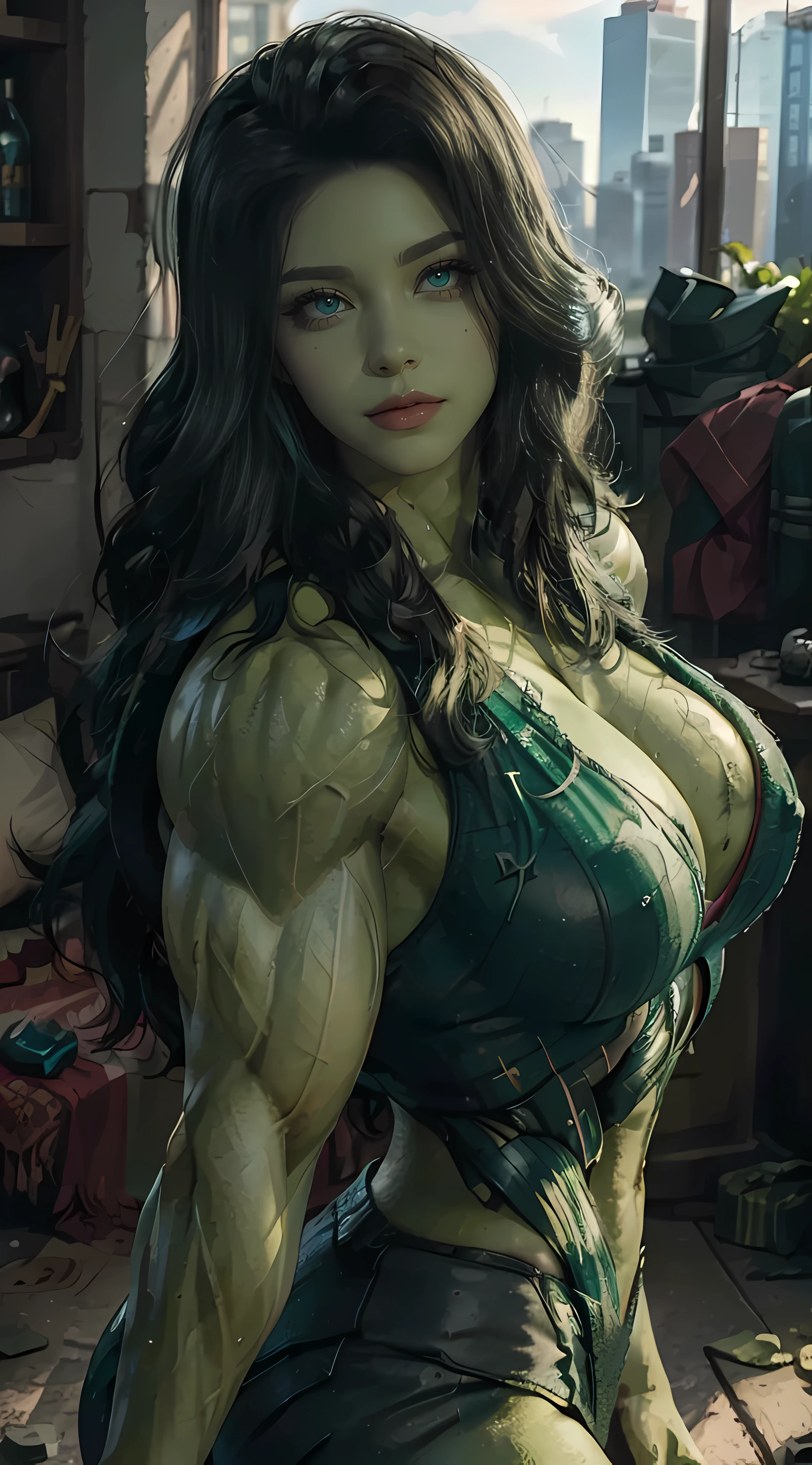 best quality,4k,8k,highres,masterpiece:1.2,ultra-detailed,(realistic,photorealistic,photo-realistic:1.37),beautiful detailed eyes,beautiful detailed lips,extremely detailed eyes and face,longeyelashes,1girl, Jennifer Connelly as HULK, green body skin,green costume, fierce expression, (growling), angry face, strong muscular build, super muscular, defined muscles, black hair, Marvel superheroine,emerald hue,glowing green eyes,smashing through walls,super strength,city skyline,hulk transformation,crumbling debris,epic battle,shattered glass,flying debris,studio lighting,colorful comic book style,superhero action,shadow and light interplay,contrasting colors,emotive art style, ((NSFW)), (((accurate anatomy))), (((Huge breasts))), (((Massive Female Bodybuilder))), (((((Huge Muscles)))))