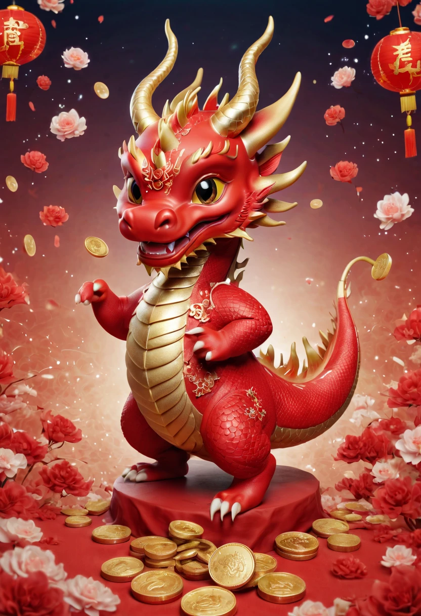 Chinese dragon，Q version，Cute little dragon，Red space，festive atmosphere，CNY，gold coins，Chinese elements，Cartoon，Cute pet，Lively，fireworks，Lovely antlers，Chinese dragon