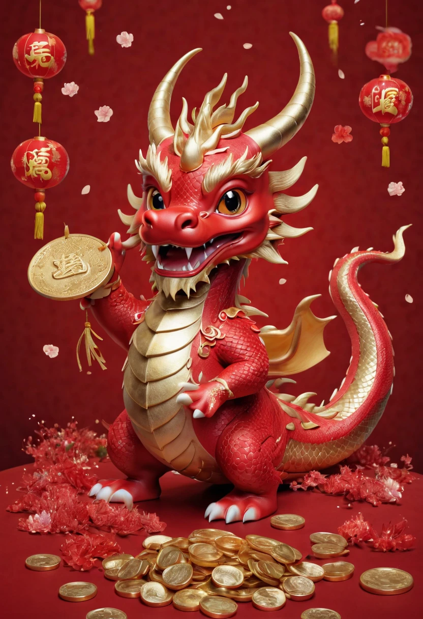 Chinese dragon，Q version，Cute little dragon，Red space，festive atmosphere，CNY，gold coins，Chinese elements，Cartoon，Cute pet，Lively，fireworks，Lovely antlers，Chinese dragon