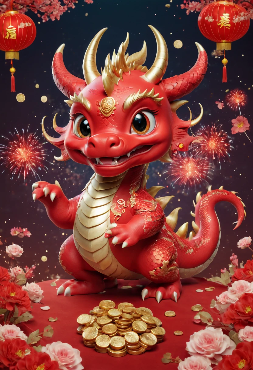 Chinese dragon，Q version，Cute little dragon，Red space，festive atmosphere，CNY，gold coins，Chinese elements，Cartoon，Cute pet，Lively，fireworks，Lovely antlers，Chinese dragon