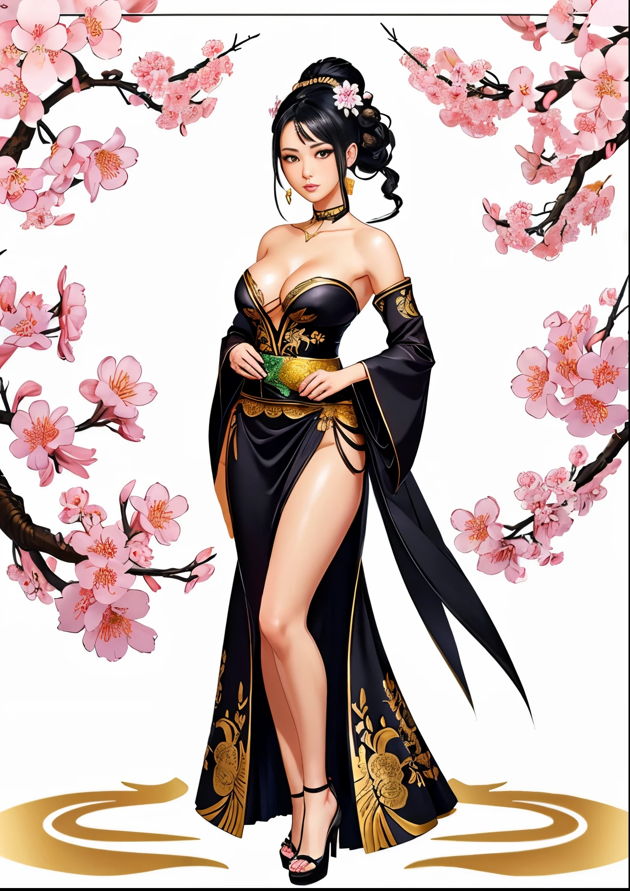 gorgeous oriental woman, black hair in an elaborate hairstyle, elegant embroidered kimono, sakura flower embroidery, gold details, full body shot, cleavage, bare shoulders, standing, large breasts, alchemist, strapless dress, vials , potions, updo, blank background, white background, lulu, ffx