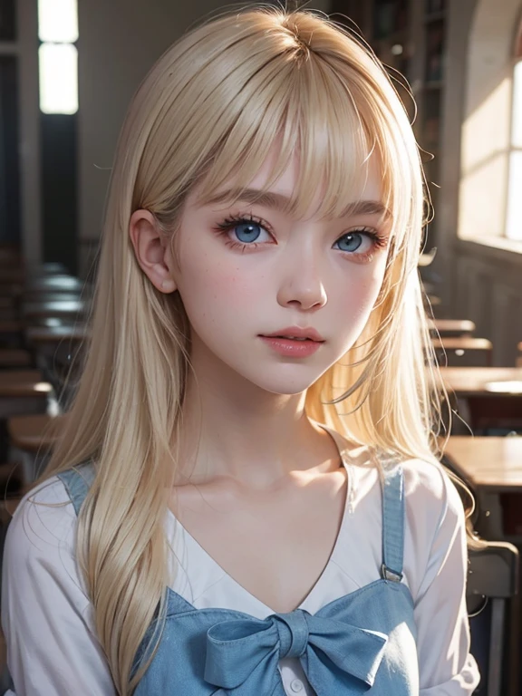portlate、School Uniforms、bright expression、poneyTail、Young shiny shiny white shiny skin、Best Looks、Platinum blonde hair with dazzling highlights、shiny light hair,、Super long silky straight hair、Beautiful bangs that shine、Double eyelids、eye liner、Crystal clear big blue eyes that shine attractively、a small face、Very beautiful nice cute 16 year old Nordic girl、Lush bust