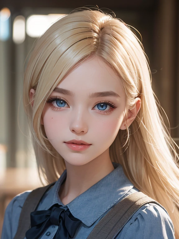 portlate、School Uniforms、bright expression、poneyTail、Young shiny shiny white shiny skin、Best Looks、Platinum blonde hair with dazzling highlights、shiny light hair,、Super long silky straight hair、Beautiful bangs that shine、Double eyelids、eye liner、Crystal clear big blue eyes that shine attractively、a small face、Very beautiful nice cute 16 year old Nordic girl、Lush bust