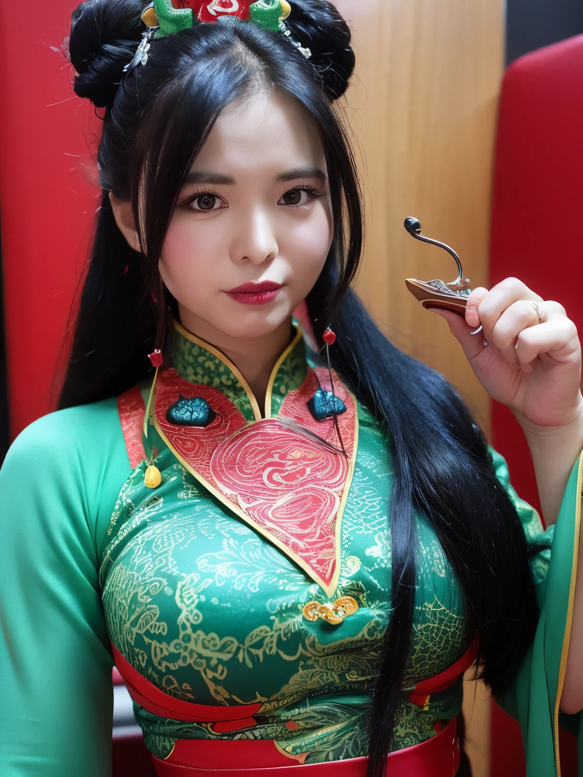 masterpiece, High resolution, Super detailed, (ultra-detailed background, detailed background), green dragon girl, 1 girl, monster girl, A dragon-like girl with a dragon tail, perfect face, long black hair, chinese haircut, bun hair, Red and golden dresses, detailed face, fine hands, detailed body, fine eyes, symbol of this year, Chinese lunar calendar, (zentangle:1.2), (geometric:1.2), colorful, whole body, holding a smoking pipe, ((sexy idol pose, Looking to the Viewer)), ((traditional chinese clothing)), (Dragon Scale Skin), background stars, muscular body, perfect athletic fit body, chinese ornaments tattoo, Chinese culture dragon girl