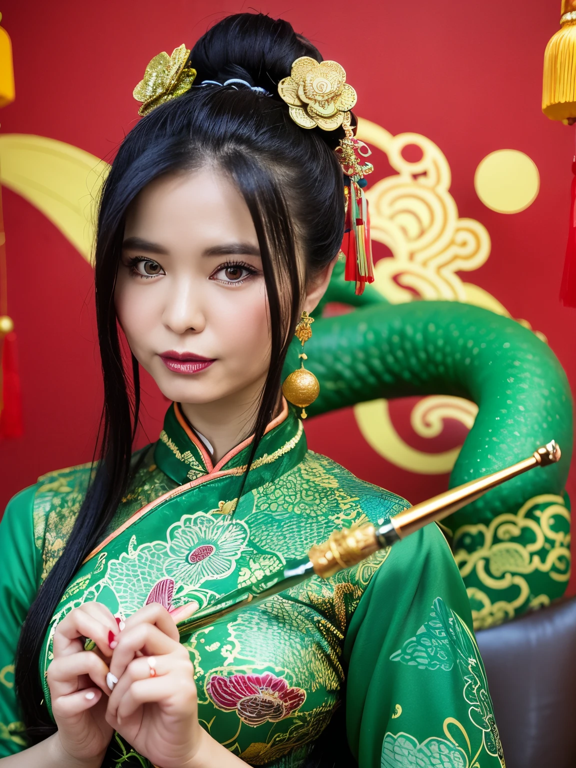 masterpiece, High resolution, Super detailed, (ultra-detailed background, detailed background), green dragon girl, 1 girl, monster girl, A dragon-like girl with a dragon tail, perfect face, long black hair, chinese haircut, bun hair, Red and golden dresses, detailed face, fine hands, detailed body, fine eyes, symbol of this year, Chinese lunar calendar, (zentangle:1.2), (geometric:1.2), colorful, whole body, holding a smoking pipe, ((sexy idol pose, Looking to the Viewer)), ((traditional chinese clothing)), (Dragon Scale Skin), background stars, muscular body, perfect athletic fit body, chinese ornaments tattoo, Chinese culture dragon girl