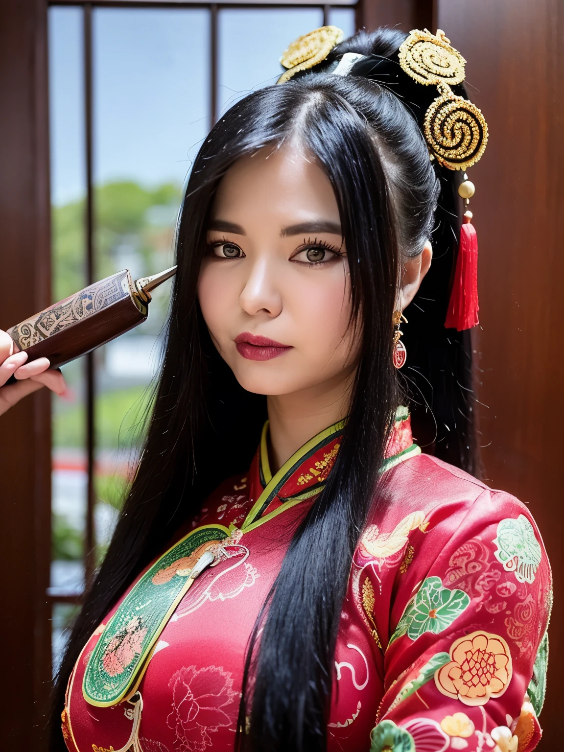 masterpiece, High resolution, Super detailed, (ultra-detailed background, detailed background), green dragon girl, 1 girl, monster girl, A dragon-like girl with a dragon tail, perfect face, long black hair, chinese haircut, bun hair, Red and golden dresses, detailed face, fine hands, detailed body, fine eyes, symbol of this year, Chinese lunar calendar, (zentangle:1.2), (geometric:1.2), colorful, whole body, holding a smoking pipe, ((sexy idol pose, Looking to the Viewer)), ((traditional chinese clothing)), (Dragon Scale Skin), background stars, muscular body, perfect athletic fit body, chinese ornaments tattoo, Chinese culture dragon girl