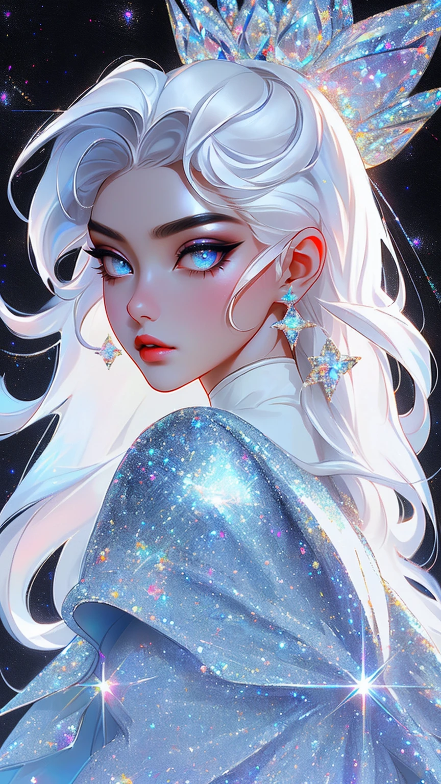 {-erro_de_anatomia:1.0} masterpiece, highest quality, (perfect face:1.1, (high detail)1.1, sweet stardust vampire , long soft white hair, opal eyes, perfectly drawn face, black dress, stars detailed background, prismatic lighting, glitter, whole body,  Dancing lightly. backwadrs, Looking back. Very sexy, with chin resting on shoulder , walkink on the stars with cristal shoes.
