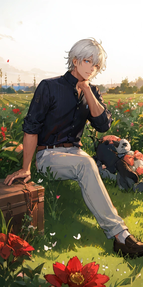 (masterpiece, best quality), 1 man with short white hair sitting in a field of green plants and flowers, his hand under his chin, warm lighting, white clothes, white pants, blurry foreground
