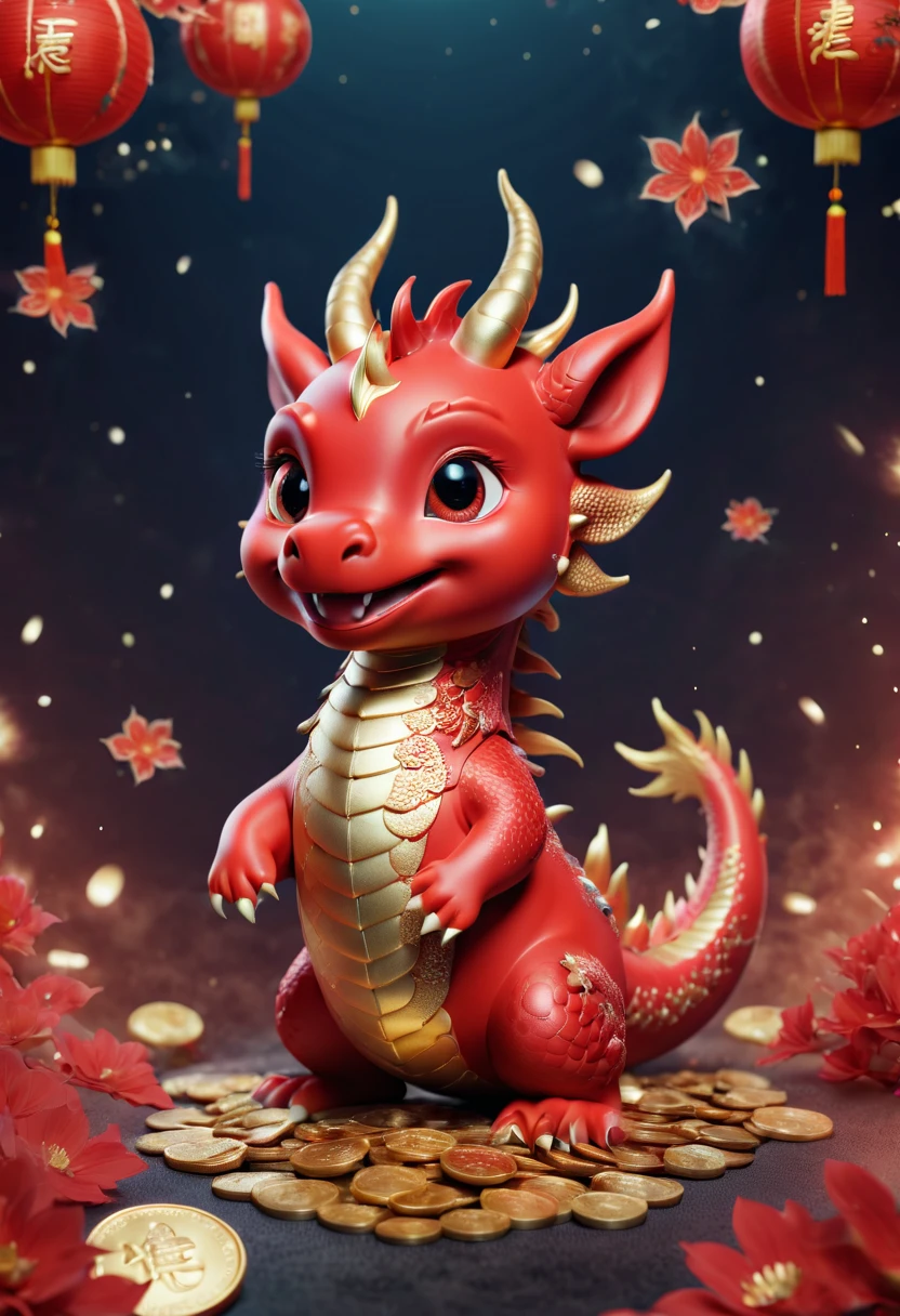 Chinese little dragon，Q version，Cute little dragon，Red space，festive atmosphere，CNY，gold coins，Chinese elements，Cartoon，Cute pet，Lively，fireworks，Lovely antlers，Chinese little dragon