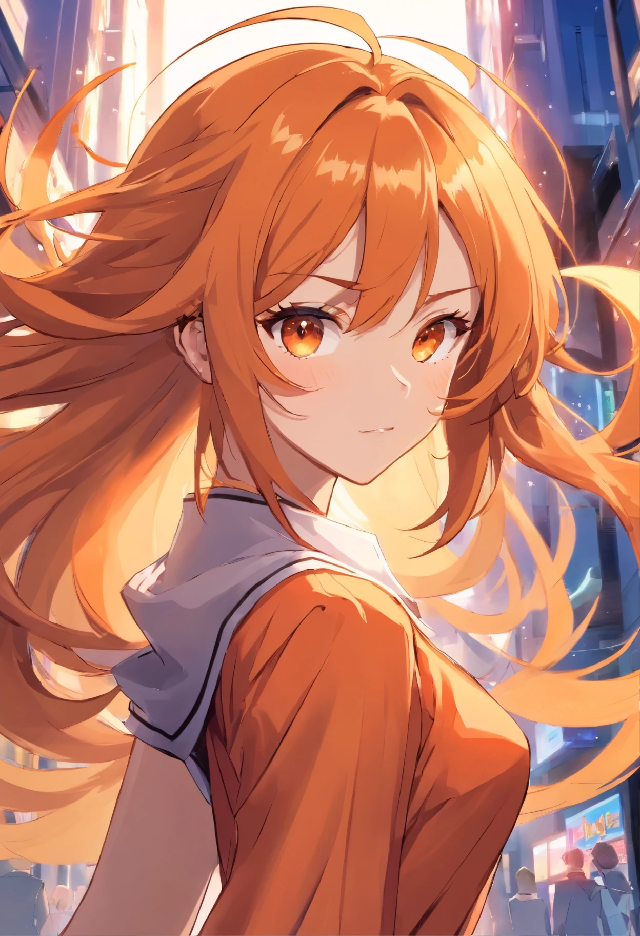 Design me a picture of a orange haired girl which is in the anime style of yugi oh. She has long orange curly hair and brown eyes and she’s skinny and wearing a tight red dress