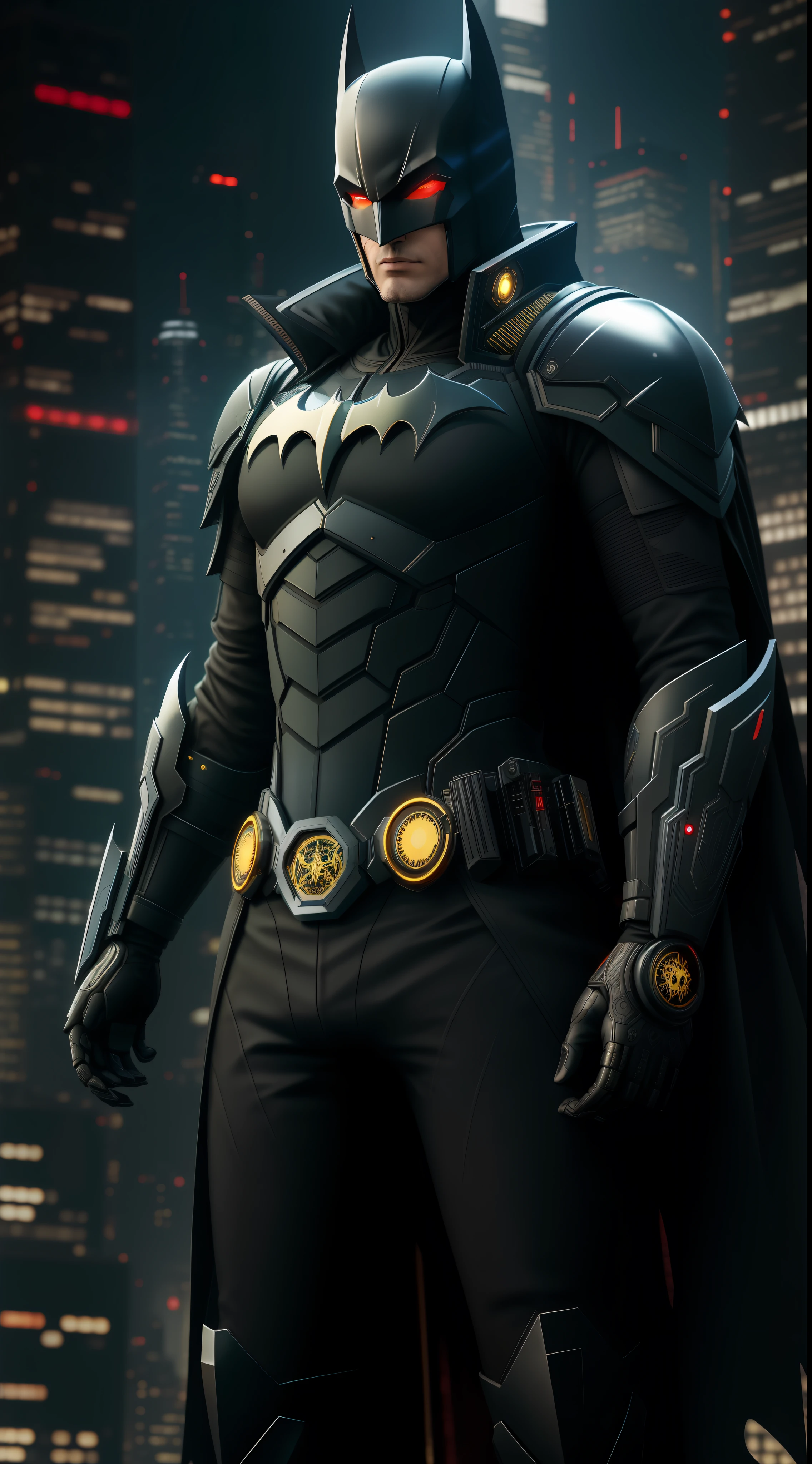 octane render de cyberpunk batman por Tsutomu nihei, Seda cromada com intrincado filiegree dourado tecido ornamentado, fundo misterioso escuro --v 4 --q 2