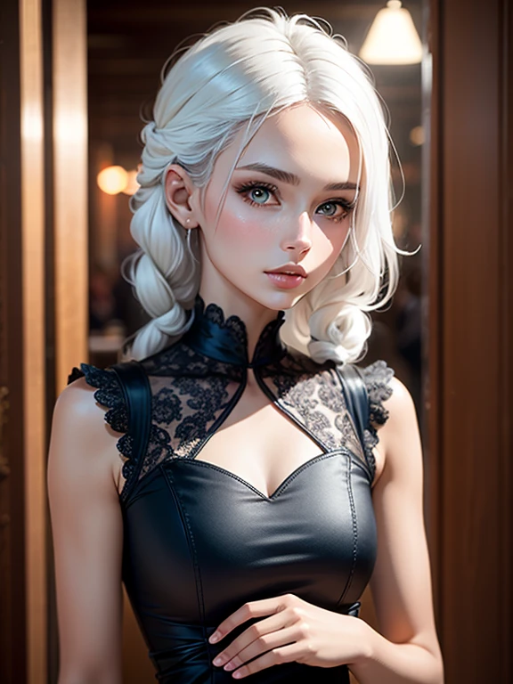 best quality, masterpiece, white hair, gold eyes, dark blue dress, looking up, upper body, hair strand, Fair skin, side braids