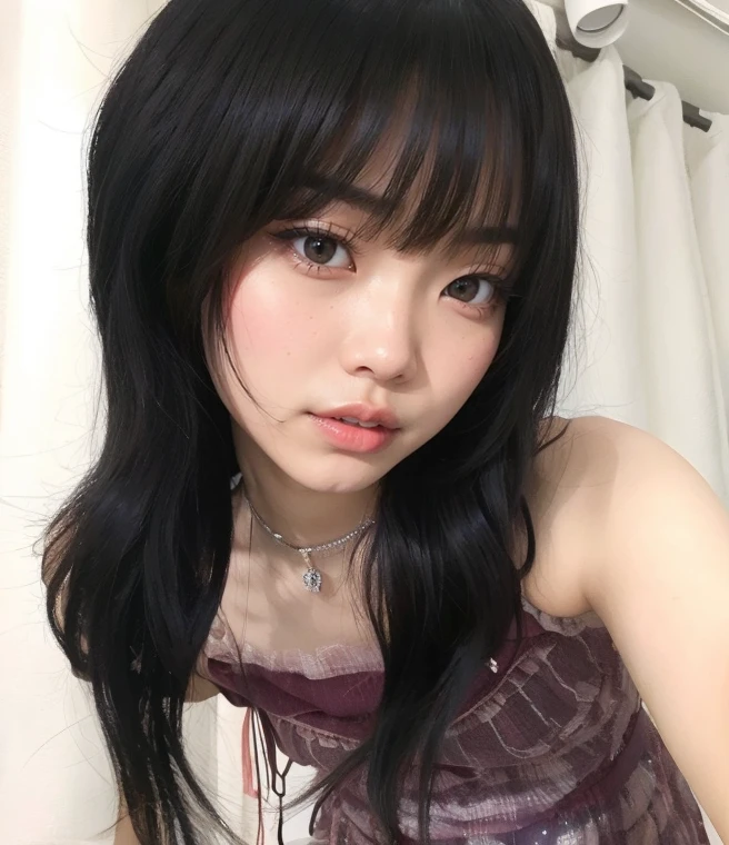 Arafed Asian woman with long black hair and a choker., ulzzang, pelo cortado hime negro, sui ishida con cabello negro, cabello con flequillo negro, ella tiene el pelo negro con flequillo, cruel korean gothic girl, el corte de hime, shikami, chica linda-cara-fina, flequillo negro, cabello limpio con flequillo, chiho