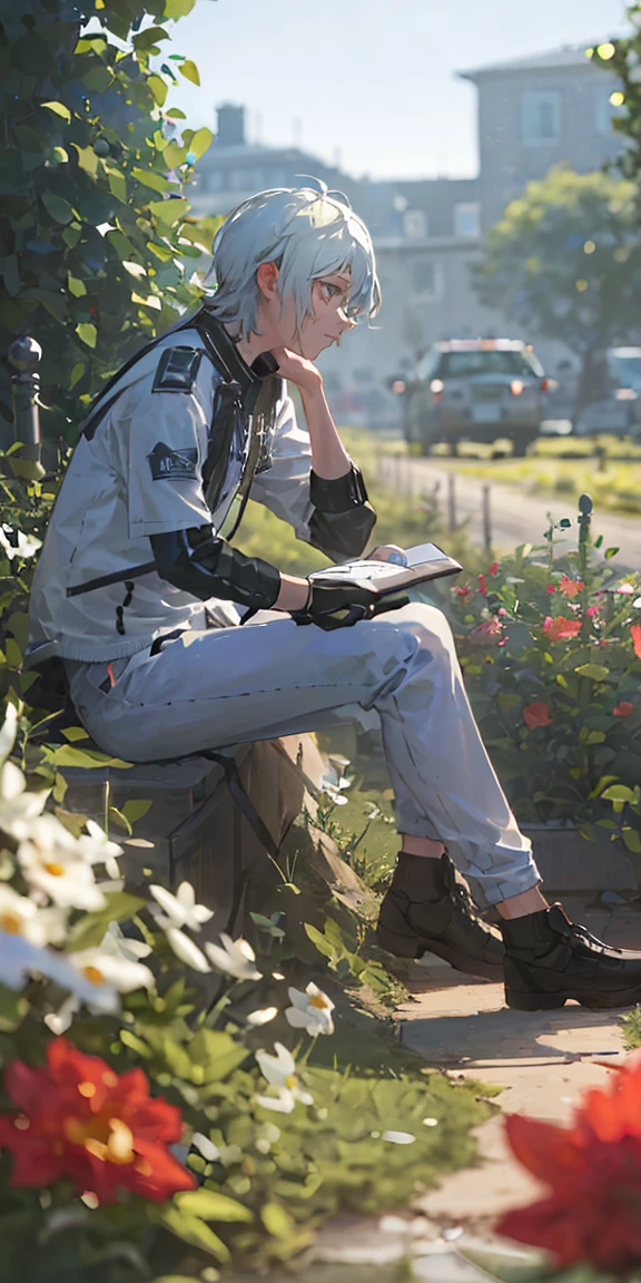 (masterpiece, best quality), 1 man with short white hair sitting in a field of green plants and flowers, his hand under his chin, warm lighting, white clothes, white pants, blurry foreground