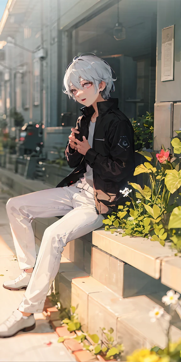 (masterpiece, best quality), 1 man with short white hair sitting in a field of green plants and flowers, his hand under his chin, warm lighting, white clothes, white pants, blurry foreground